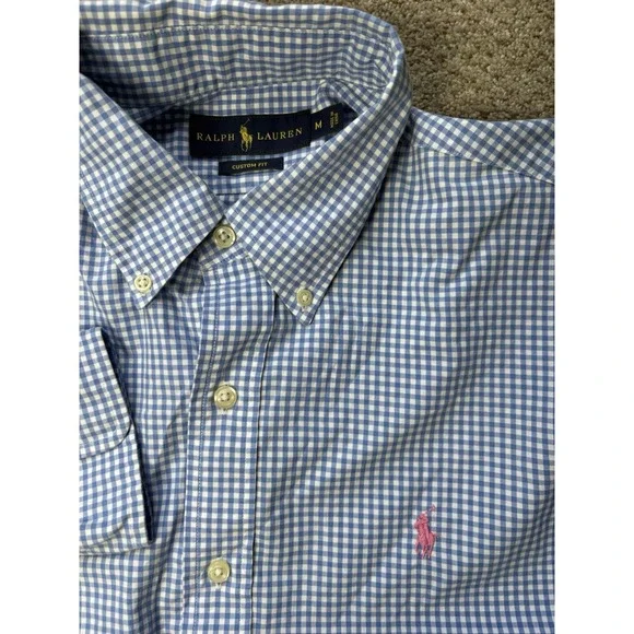 Polo Ralph Lauren Men's Medium Custom Fit Button Down Shirt Gingham Blue White - Picture 3 of 6